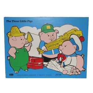 Vintage Wood Board Puzzle The Three Little Pigs 10 Pieces